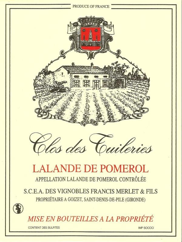 etiquette clos des tuileries Lalaned Pomerol Vignobles Merlet